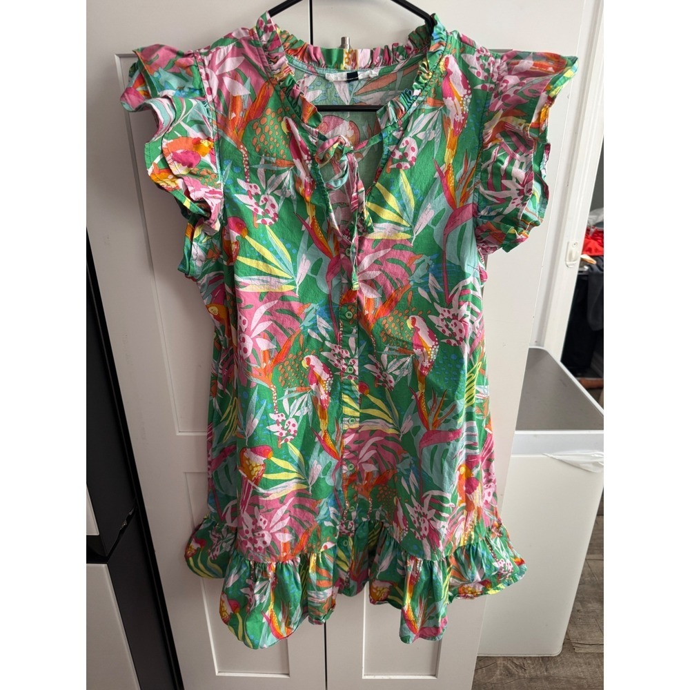 Michelle McDowell Tropical Parrot Floral Flutter Sleeve‎ Mini Dress Green Medium